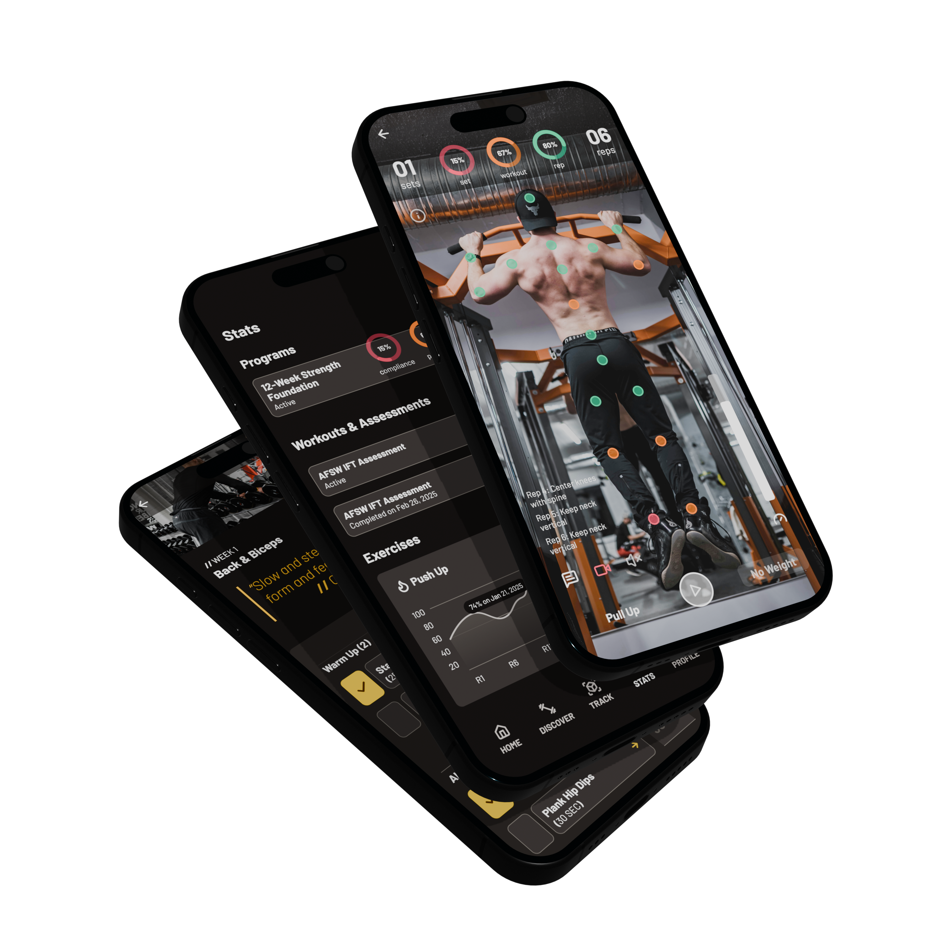 POSE app on three phones — Track, Stats, and Train